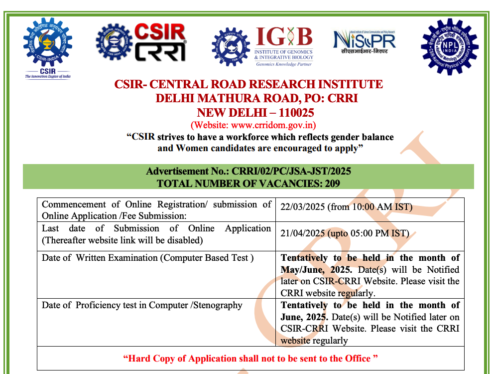 Delhi CSIR CRRI Bharti 2025